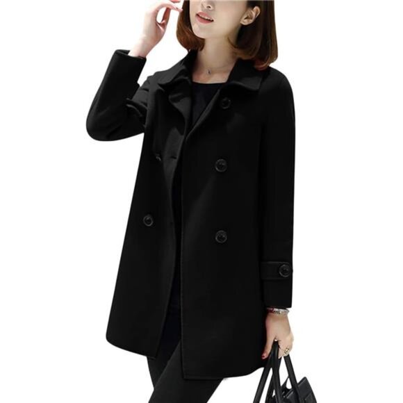 Women's Double Breasted Coat, Trench Coat Black